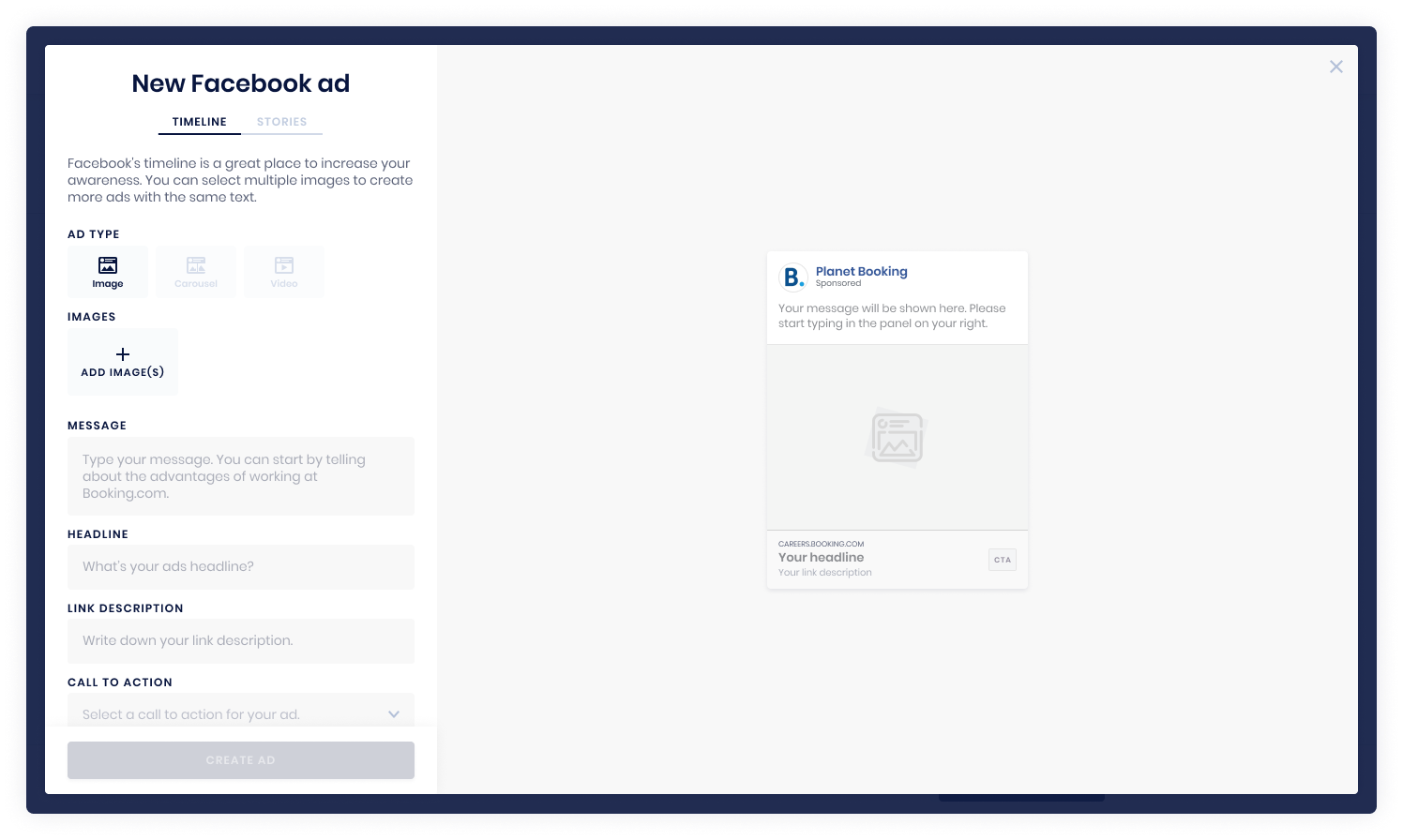 Create FB timeline ad – empty